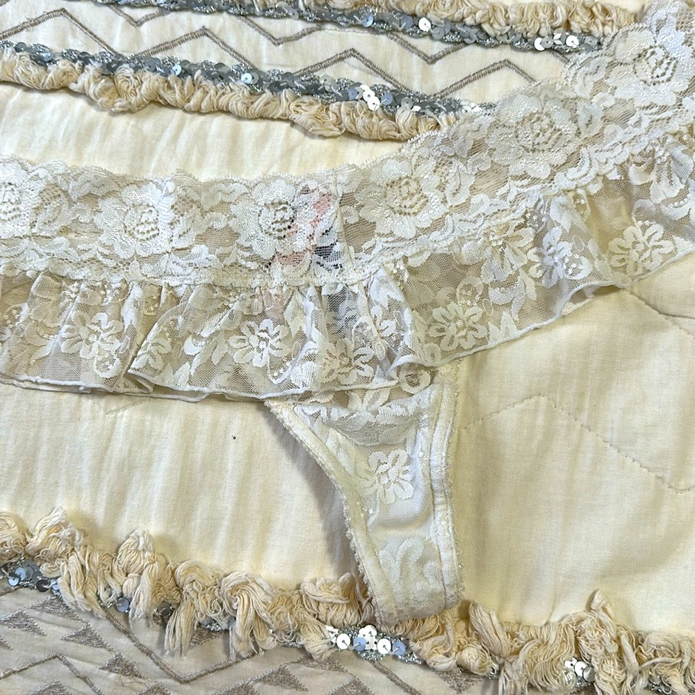 VS Sexy Little Things ruffle thong. White lace. Size L